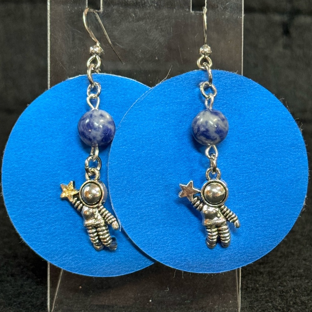 Silver Astronaut Earrings with Blue Faux Leather